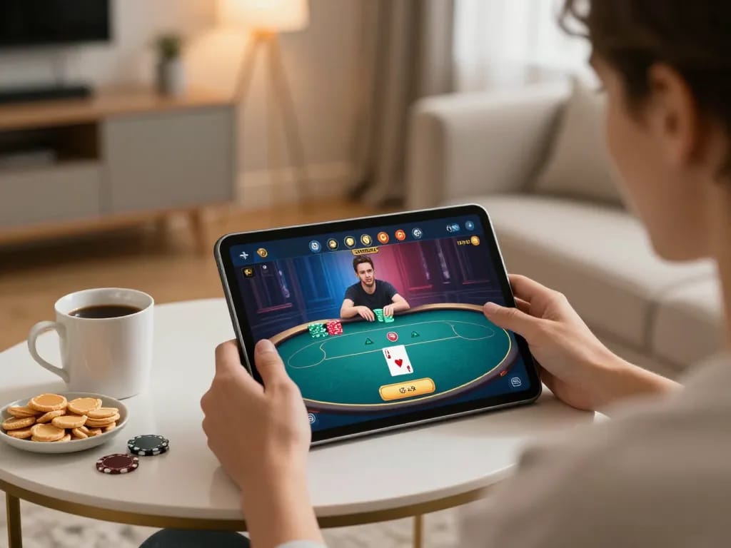 Engaged player enjoying an online gg88 slot game on tablet in a cozy home setting.