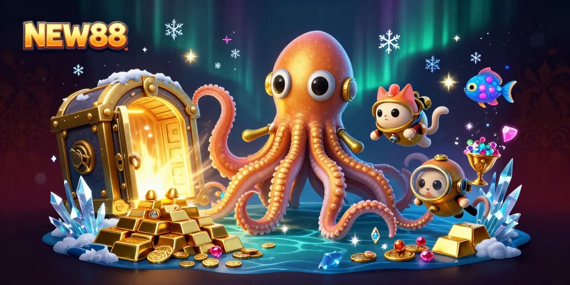 Experience the thrill of NEW88 with a dynamic underwater casino adventure featuring a golden kraken and a diving cat.