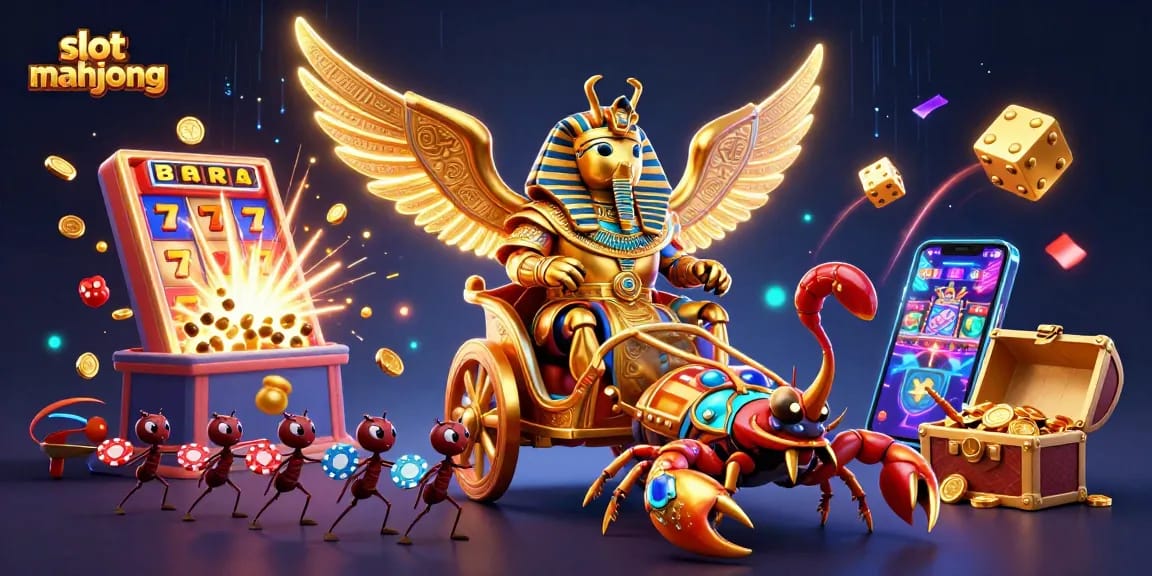 Experience thrilling slot mahjong action with a golden scarab and dynamic game elements.