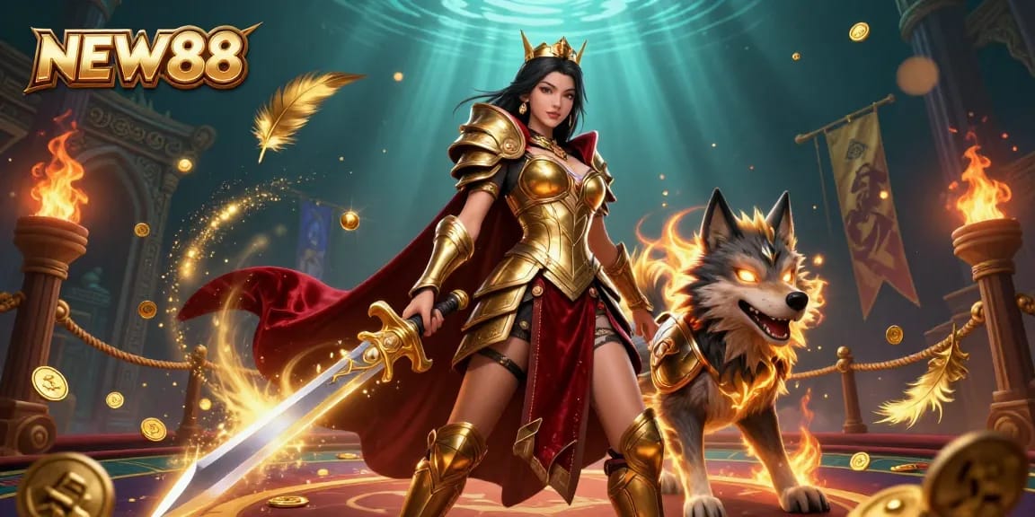 Engage in thrilling gaming experiences at NEW88 with vibrant 3D casino figures amidst golden tokens and embers.