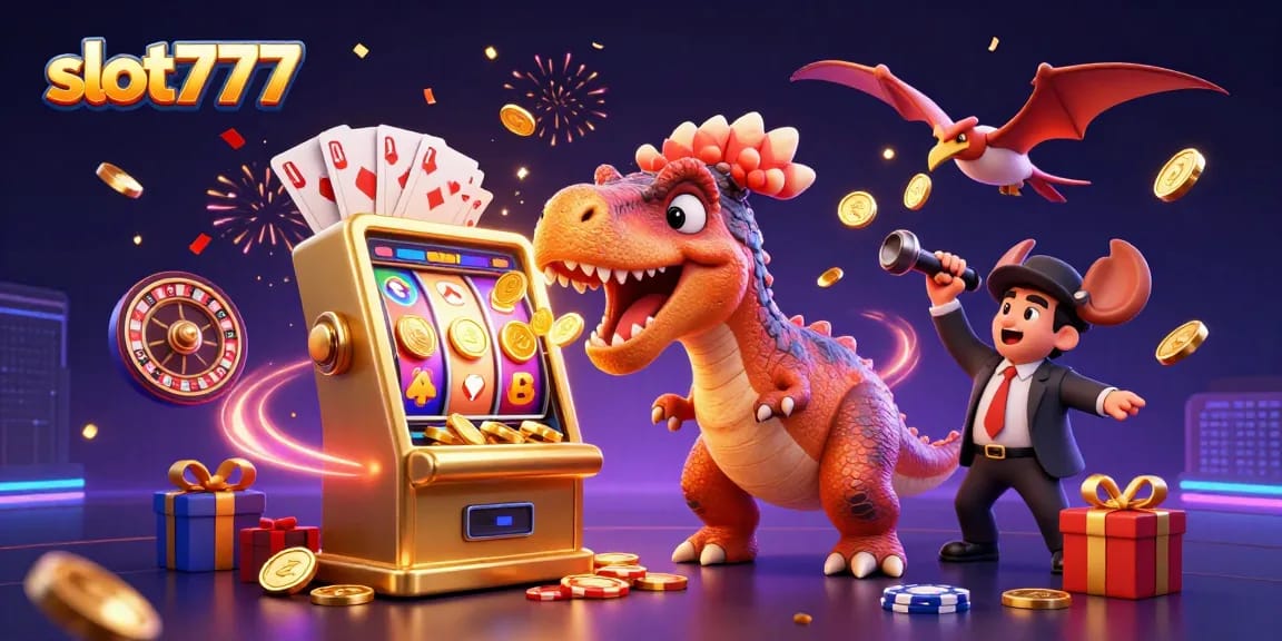 Memainkan slot777, dinosaurus pachycephalosaurus menghantam mesin slot emas, mendapatkan koin jackpot yang berterbangan.