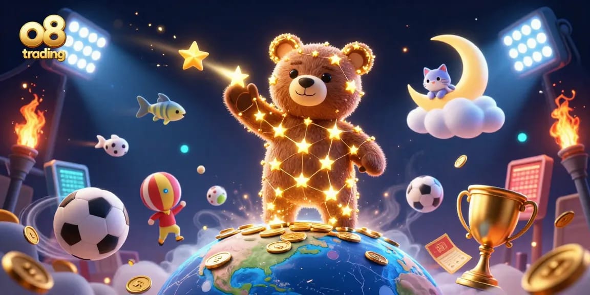 Experience thrilling gameplay with o8 trading as golden stars, sports balls, and coins unite in a vibrant casino scene.