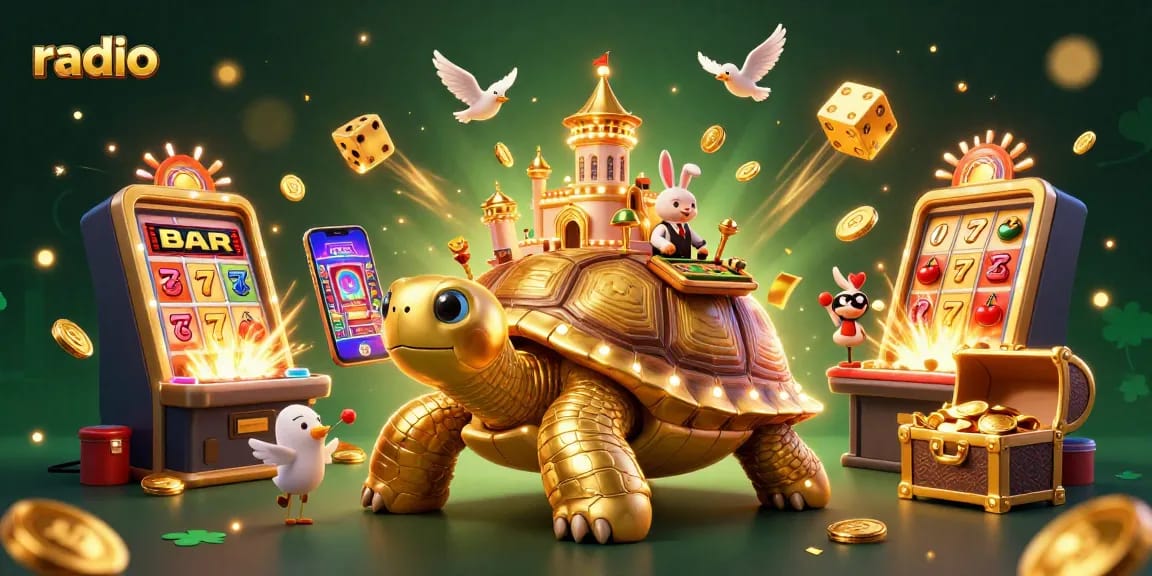 Engage with the radio-themed casino scene featuring joyfully vibrant 3D characters and lively game elements.