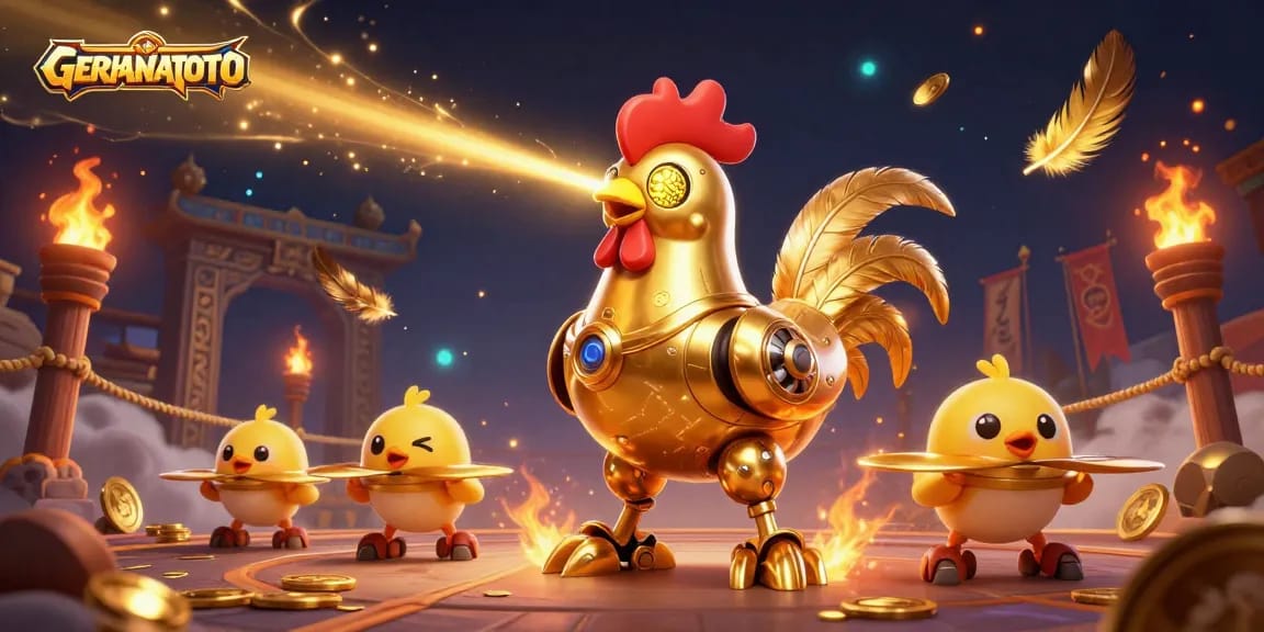 Melihat aksi GERHANATOTO dengan robot ayam emas futuristik di arena kontes taruhan.