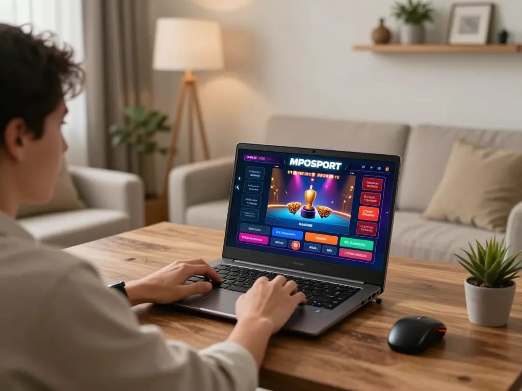 Player enjoying MPOSPORT online gaming experience with laptop interface, focused on strategy and gameplay.