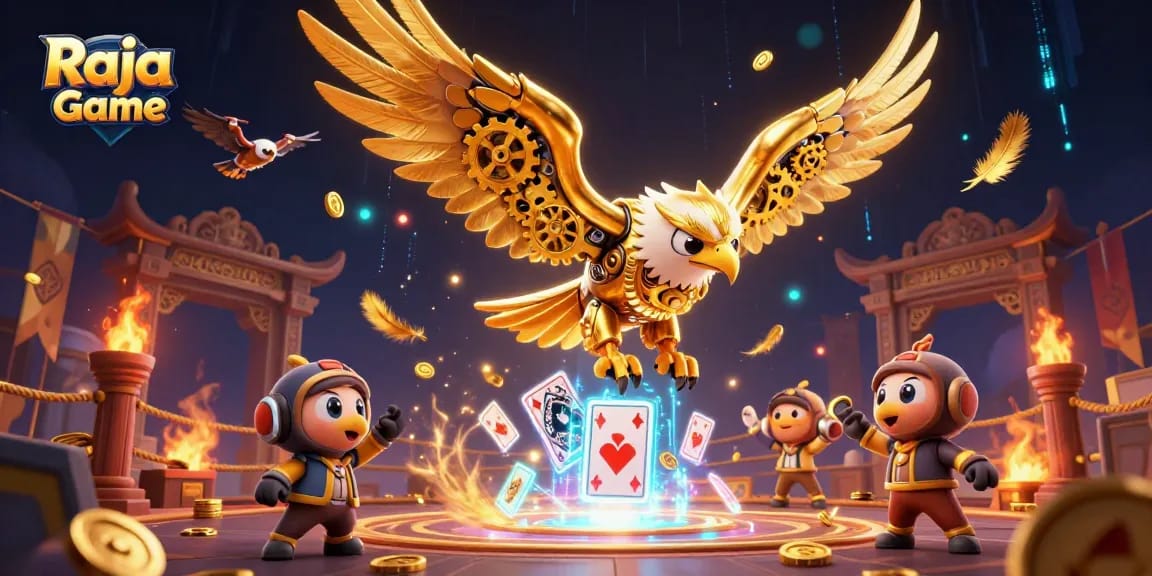 Engage in thrilling gaming with Raja Game, where a golden eagle dives through animated playing cards.