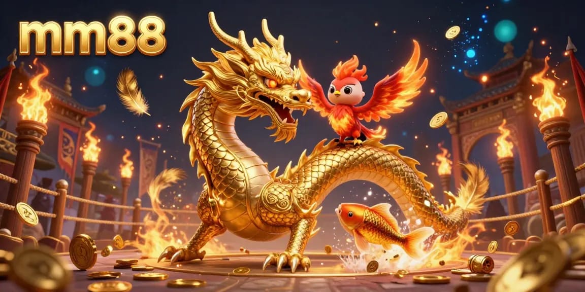 Experience thrilling gaming adventures with mm88 amidst a vibrant casino scene featuring dragons, phoenixes, and lucky koi fish.