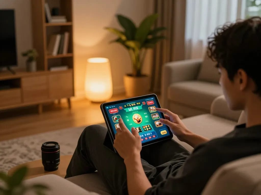 Experience the thrill of tài xỉu online as players engage in exciting gameplay on a sleek tablet in a cozy setting.