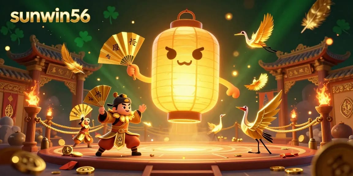 Win big with sunwin56 at a vibrant casino scene featuring golden lantern spirits and gaming elements.