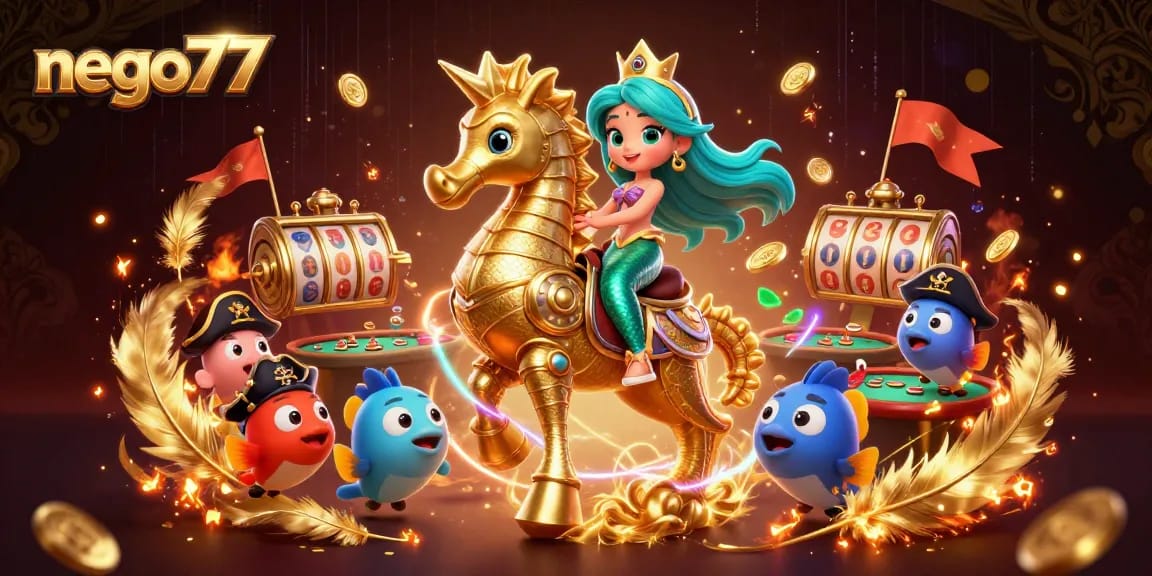 Experience the excitement of nego77 with our vibrant 3D casino illustration featuring a mermaid princess and thrilling game elements.