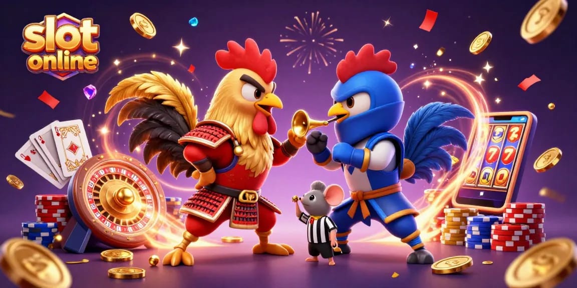 Experience thrilling slot online action with fighting roosters and casino elements.