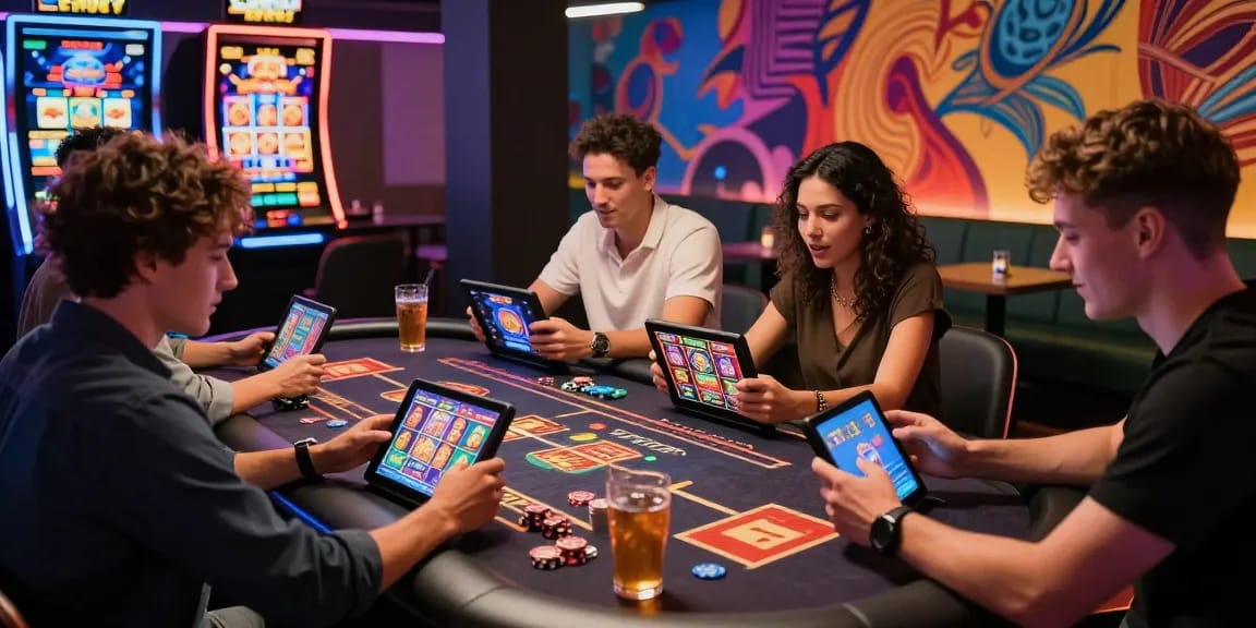 Engaging gaming scene showcasing new UK casino sites with players enjoying mobile games and lively atmosphere.
