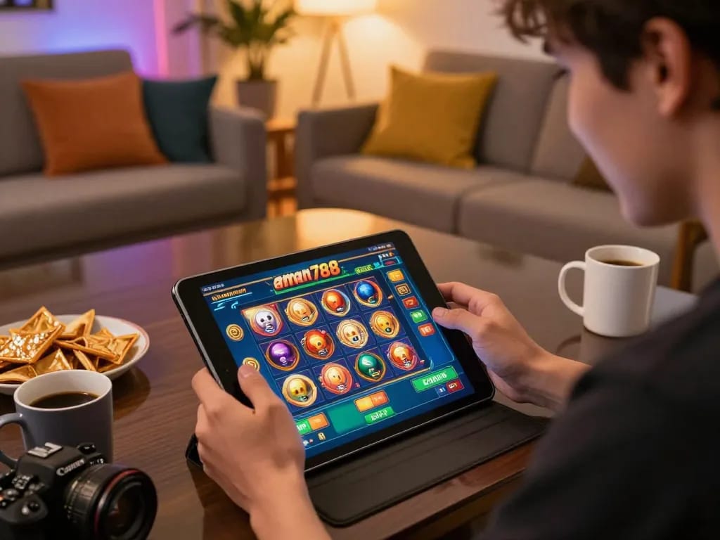 Pemain yang terlibat menikmati slot gacor aman788 di tablet dalam suasana rumah yang nyaman
