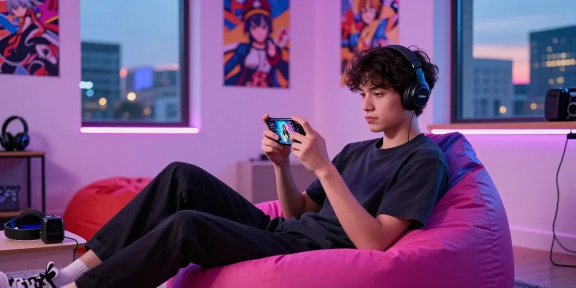 Dynamic mobile hentai games scene with a gamer enjoying vibrant urban atmosphere.