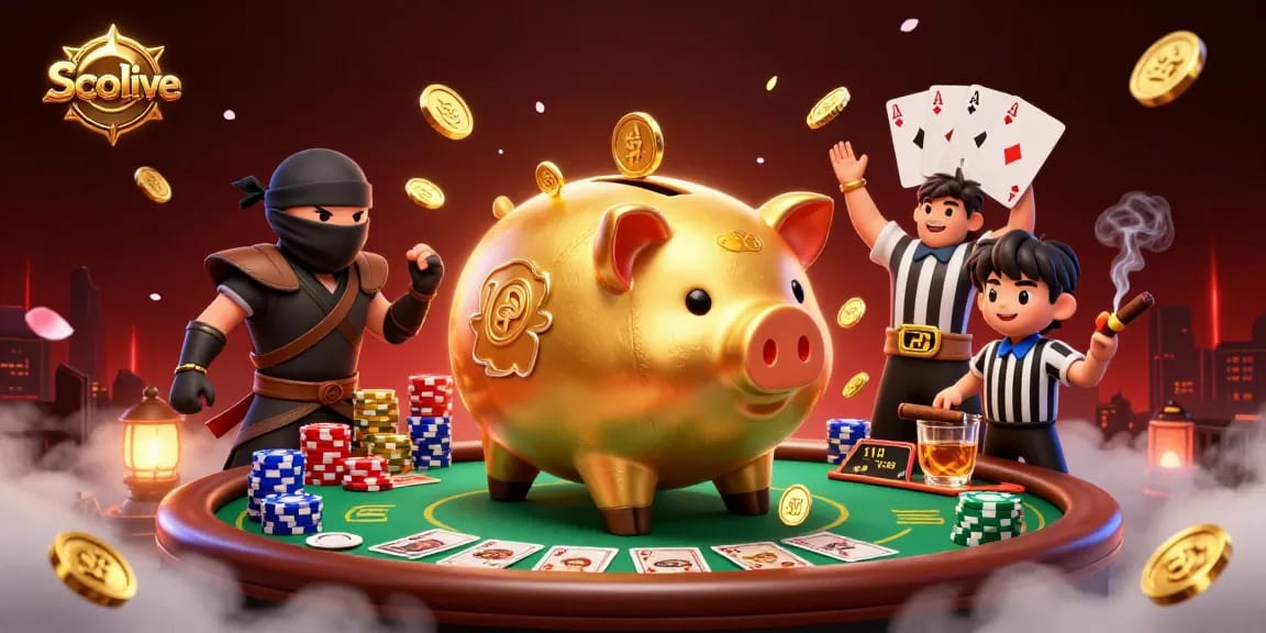 Socolive offers immersive betting experiences with dynamic illustrations of characters engaging around a rich poker table scene.