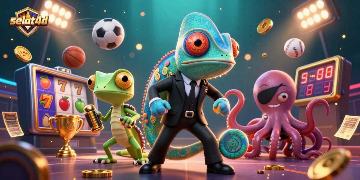 Engage with selat4d's vibrant casino adventure showcasing a secret agent chameleon with dynamic slots and sports elements