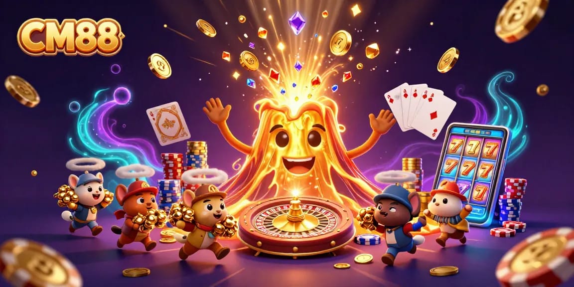 Experience the thrill of CM88 with a dynamic casino scene featuring a golden volcano and treasure.