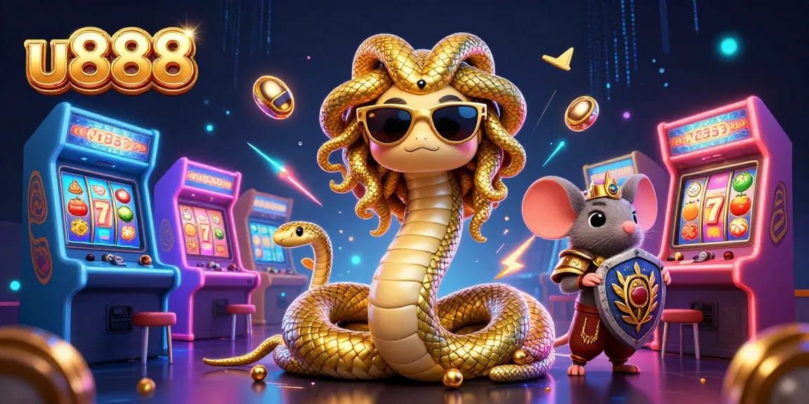Experience the excitement of u888 with Medusa and a warrior mouse amidst vibrant casino elements.