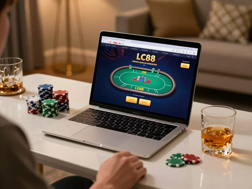 Play poker online at LC88 interface with stylish home setup and cozy atmosphere.