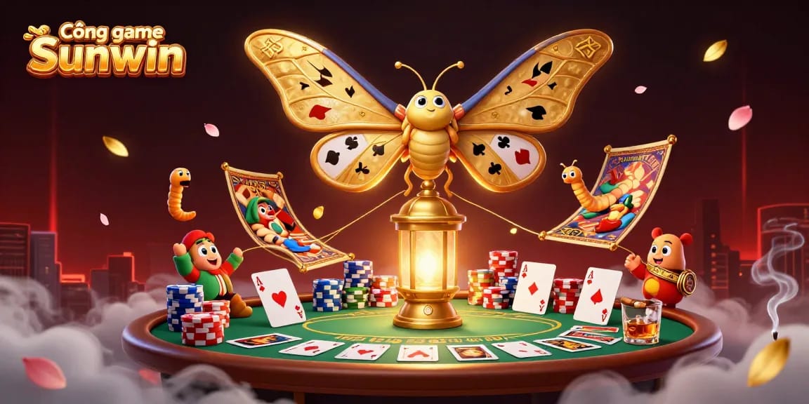 Experience the magical Cổng game Sunwin as an atlas moth showcases playing cards in a vibrant casino.