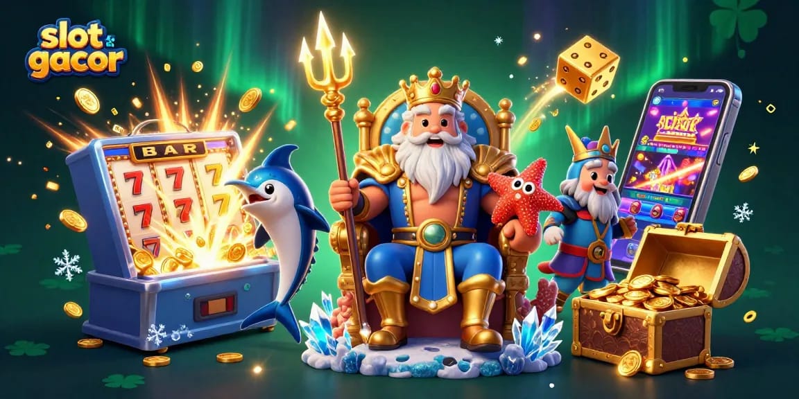 Spin for thrills with slot gacor in this vibrant casino-themed illustration featuring Neptune