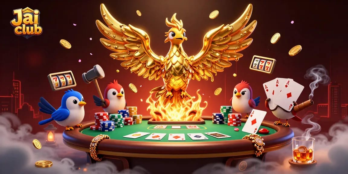 Engage with the Jai club as a golden phoenix emerges amidst poker and slot game excitement.