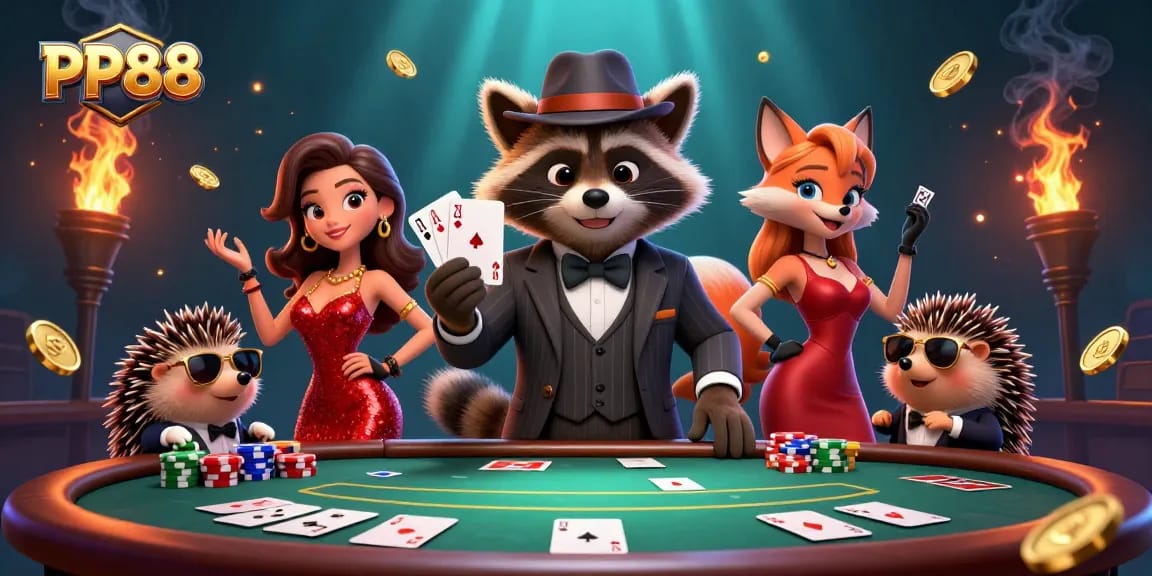 Experience the thrill of poker with PP88 featuring a raccoon, fox lady, and hedgehog in a vibrant casino