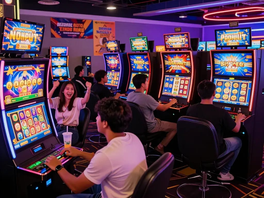 Exciting players celebrating wins on toto slot games in vibrant online casino.