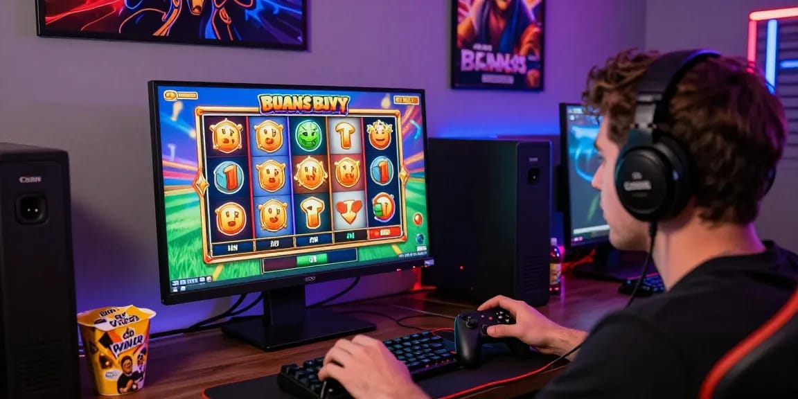 Player engaged with bonus buy slots in a vibrant gaming environment, showcasing excitement and convenience.