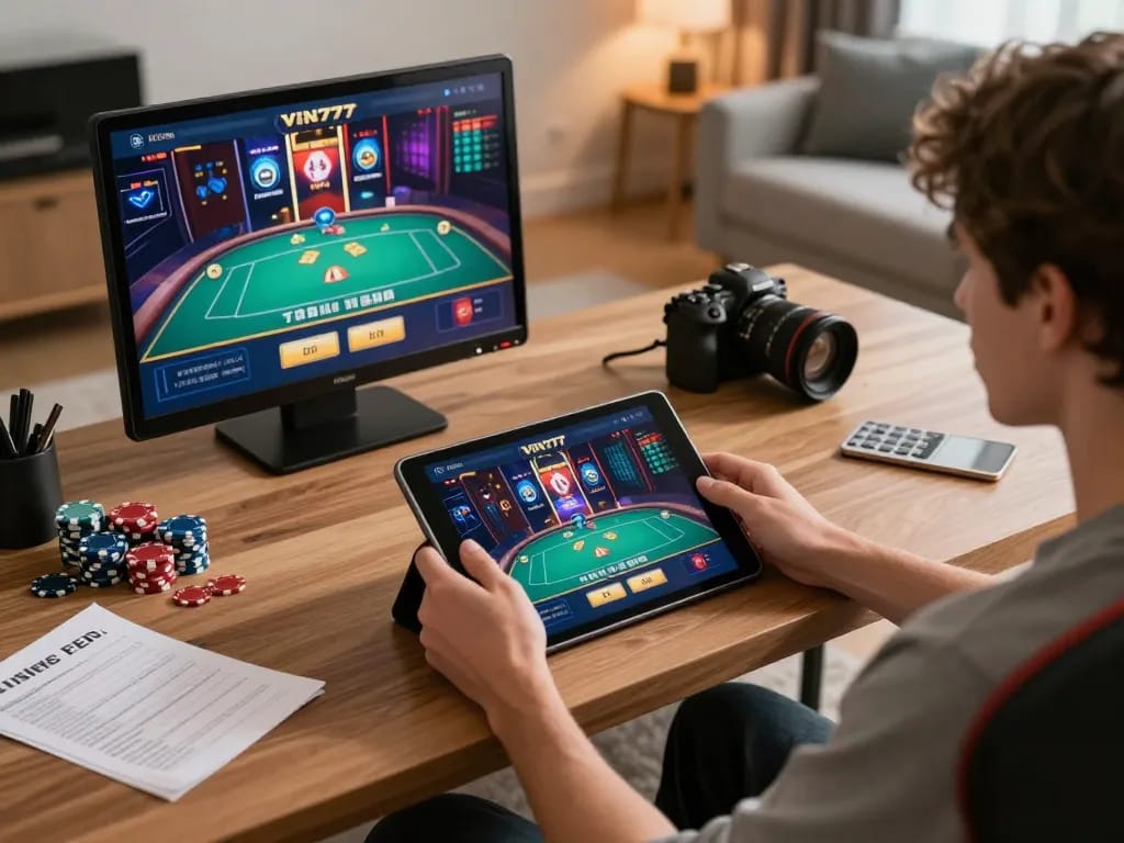 Engaging with the VIN777 app for online casino gaming in a stylish modern setup.