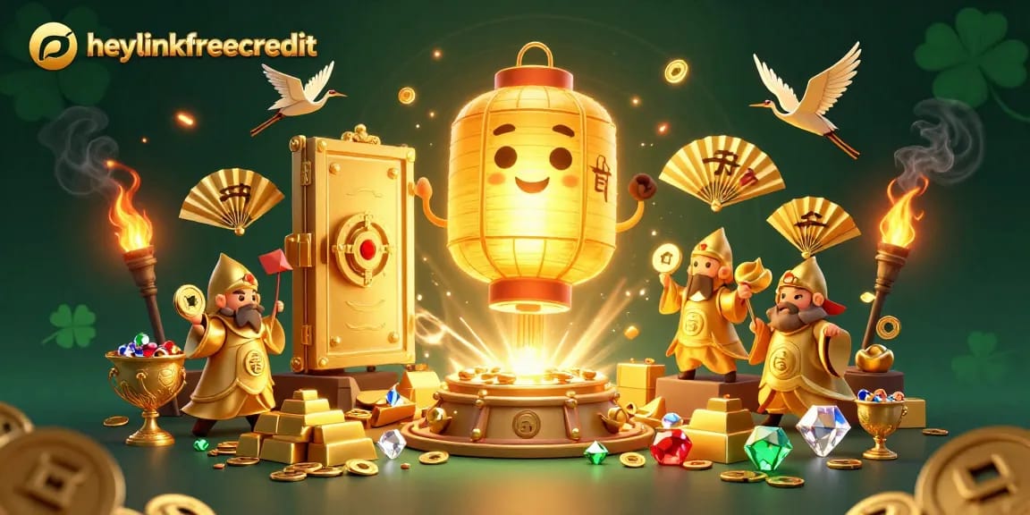 Experience the thrill of heylinkfreecredit with a vibrant casino scene filled with golden treasures and lucky symbols.