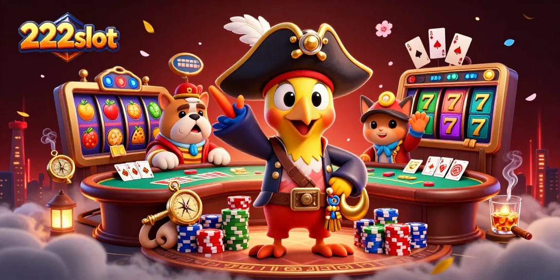 Gambarlah suasana kasino yang meriah dengan 222slot dan karakter kartun kapal bajak laut.