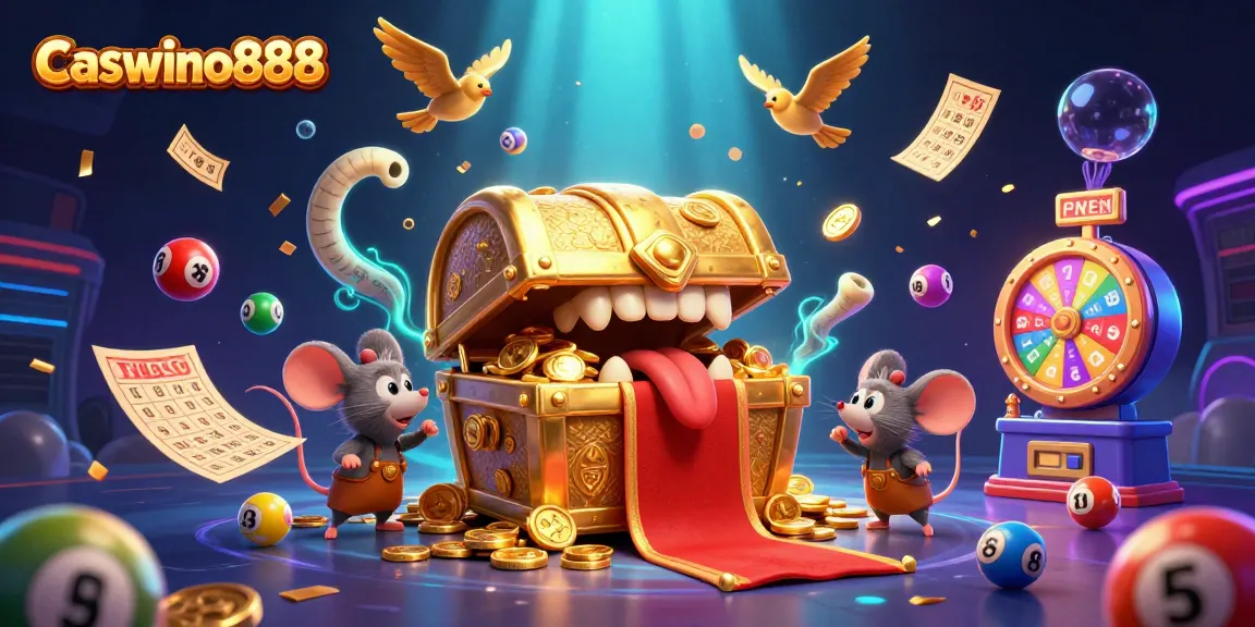 Engage with Caswino888's thrilling casino atmosphere, featuring an animated treasure chest amidst vibrant gaming elements.