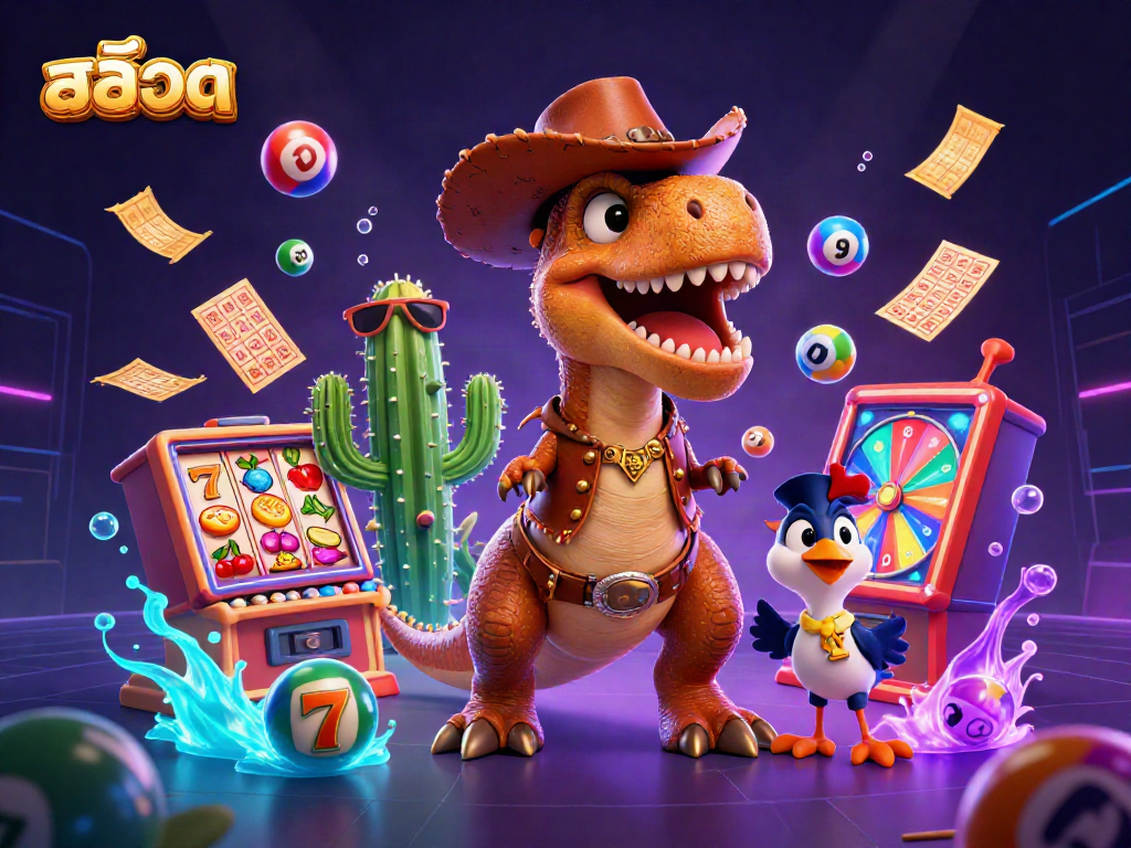 Engage in exciting สล็อต gameplay with a vibrant scene featuring a T-Rex cowboy and lottery elements.