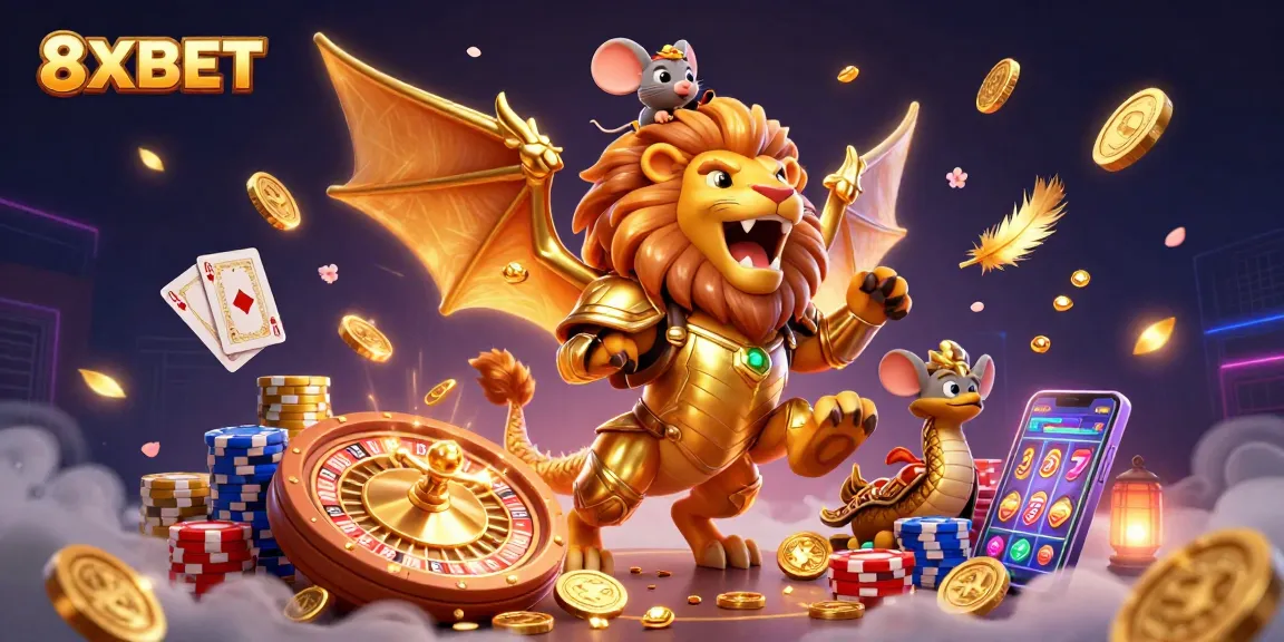 8XBET showcases a triumphant chimera with a mouse jockey amid a wealth of casino excitement.