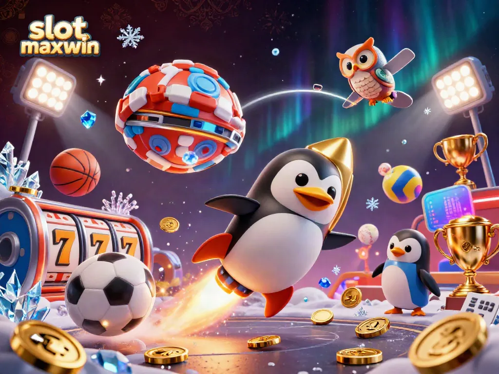 Experience thrilling slot maxwin adventures with a golden penguin and casino space station in a lively 3D scene.