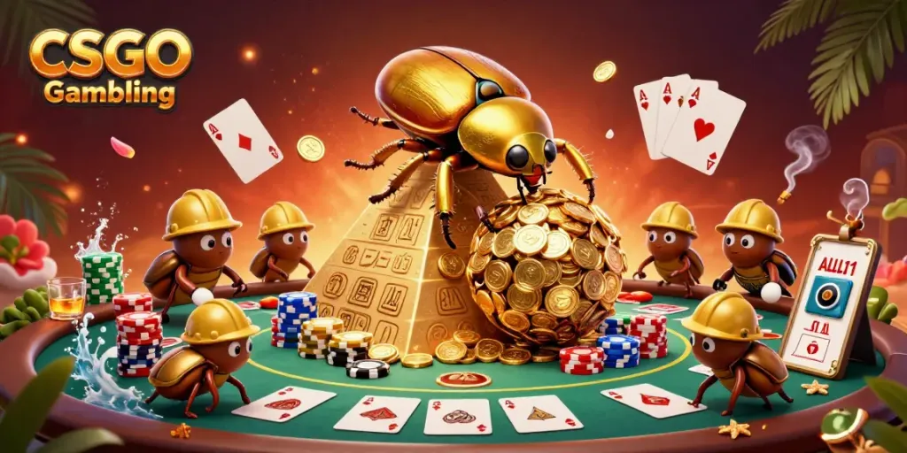 Experience CSGO Gambling with a cartoon beetle team at a vibrant casino pyramid.