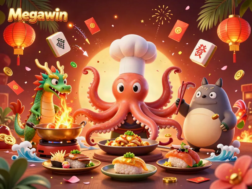 Permainan Megawin menyajikan chef sushi gurita dan naga menyala dalam ilustrasi kasino yang menawan.
