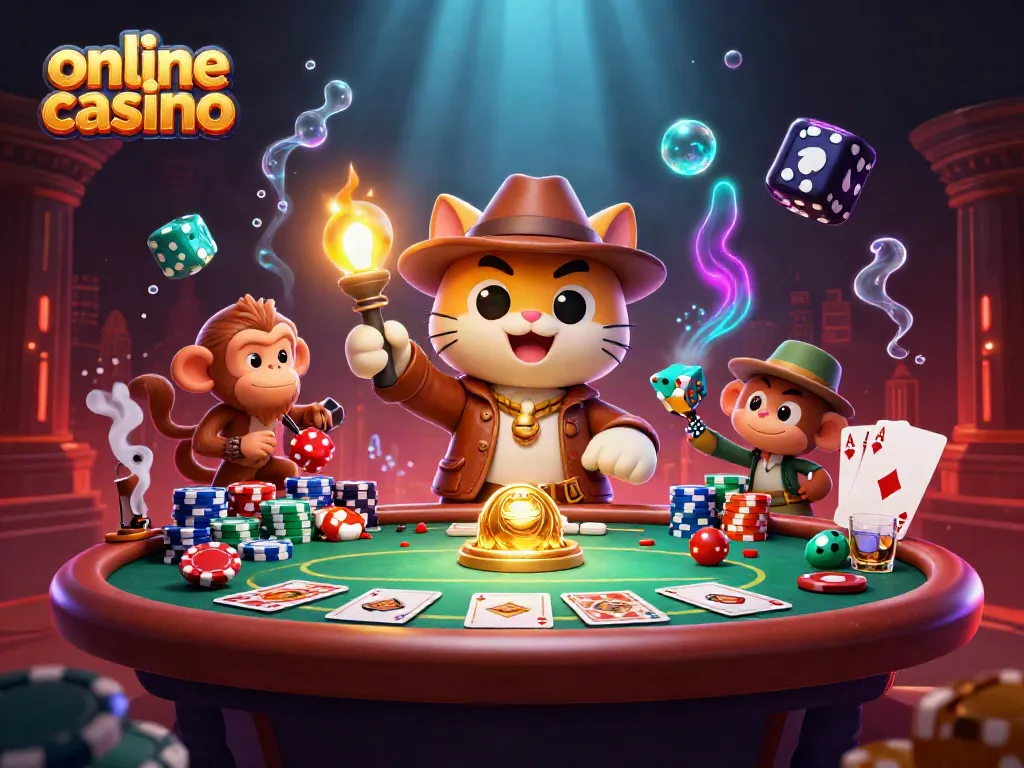 Experience the vibrant world of an online casino with a dynamic scene featuring a cat explorer and monkey companion.