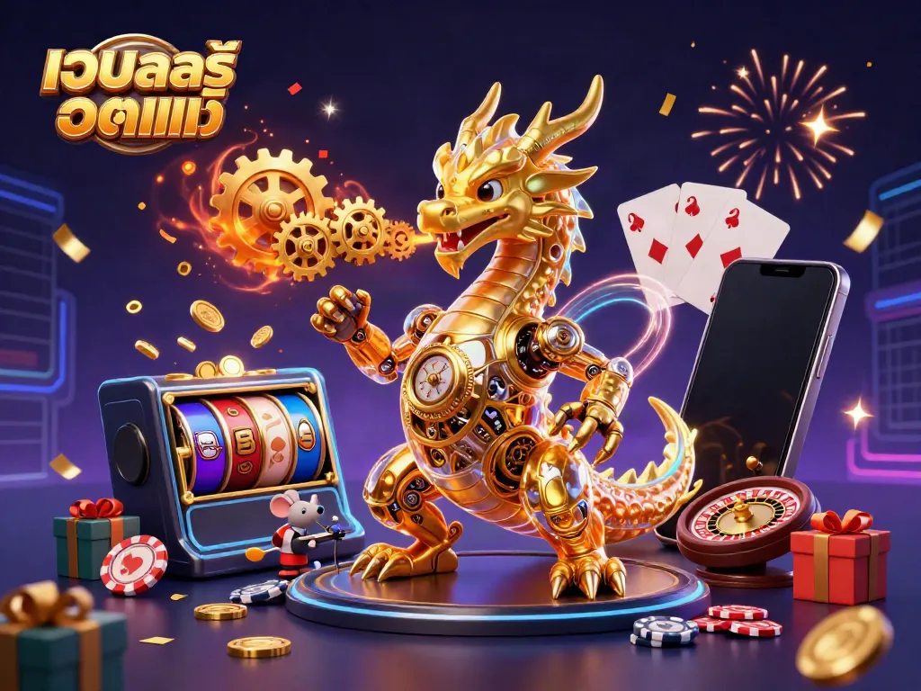 Experience the thrill with เว็บสล็อตแท้ featuring a golden dragon and exciting slot games in a vibrant casino scene.