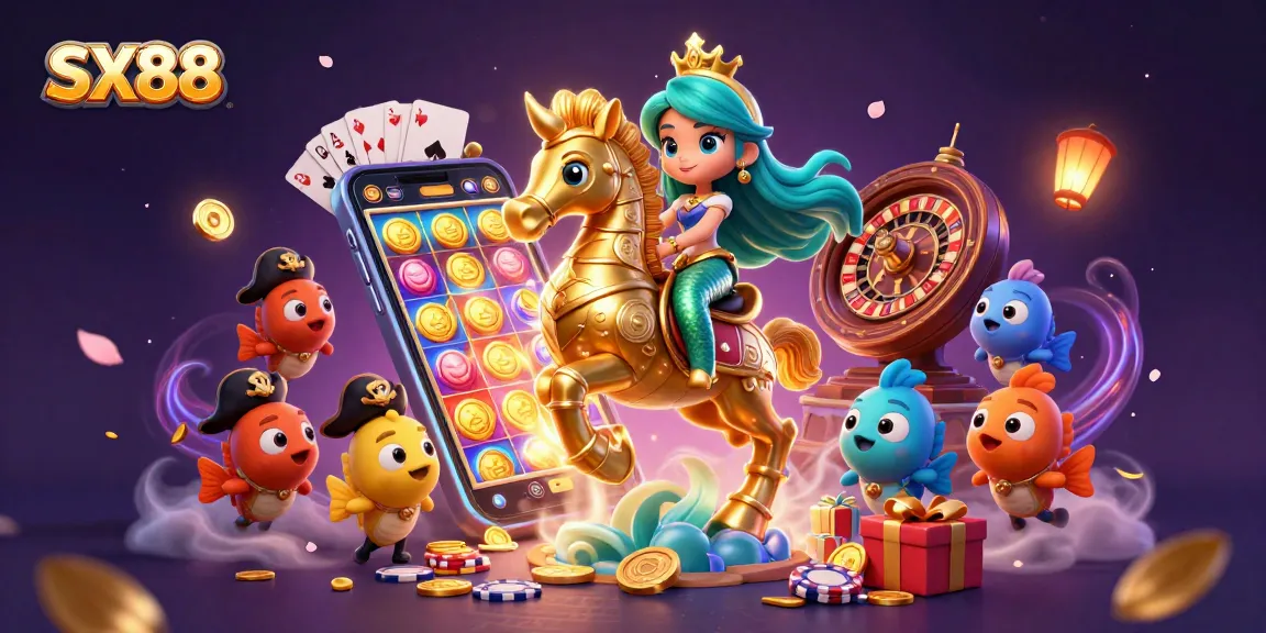 SX88 players engage in thrilling slot games with vibrant characters and golden rewards in this immersive casino scene.