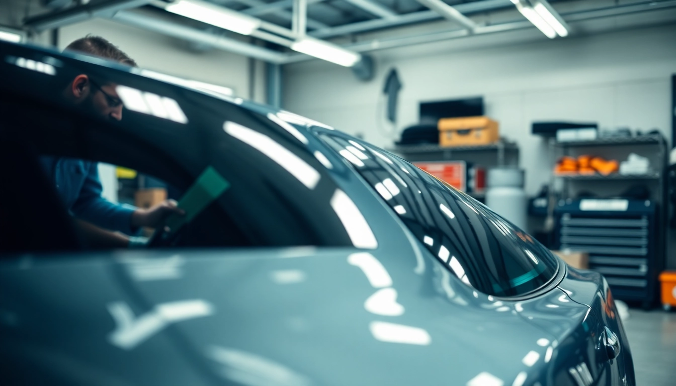 Apply auto window tint near me with skilled technicians in a modern garage.
