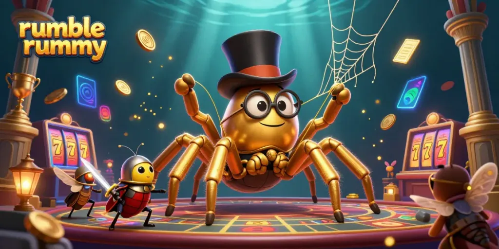 Witness the thrilling world of Rumble Rummy with colorful casino elements and engaging characters.