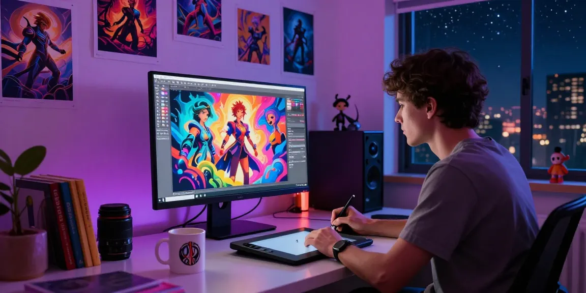 Creating NSFW AI images in a colorful digital art studio at night