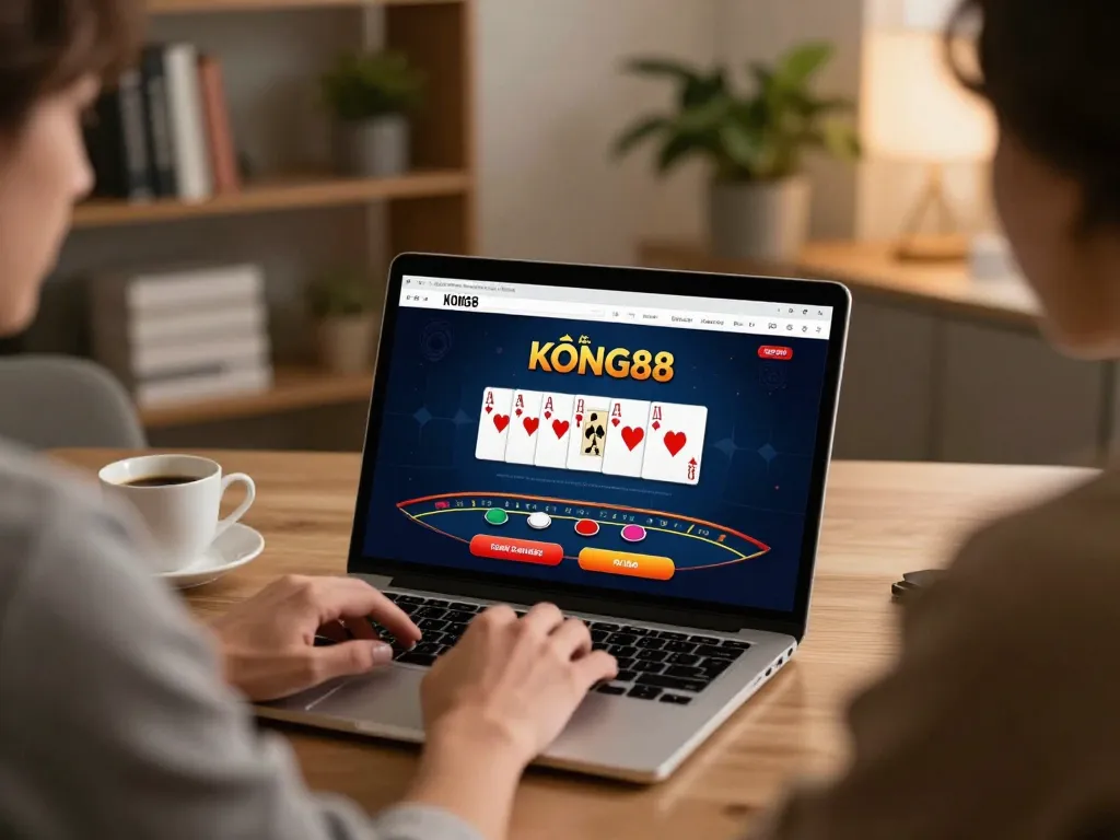 Playing on Nhà cái KONG88 at home, strategic poker setup with warm ambiance and focused gaming