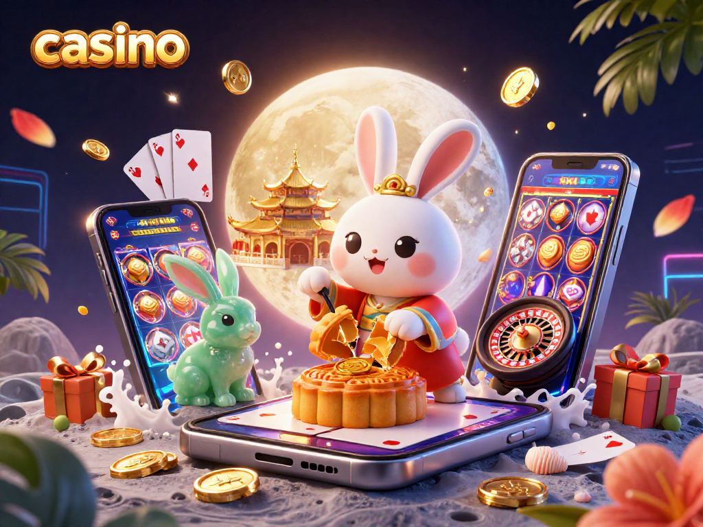 Casino-themed illustration featuring a moon rabbit with poker chips, showcasing dynamic gambling elements.