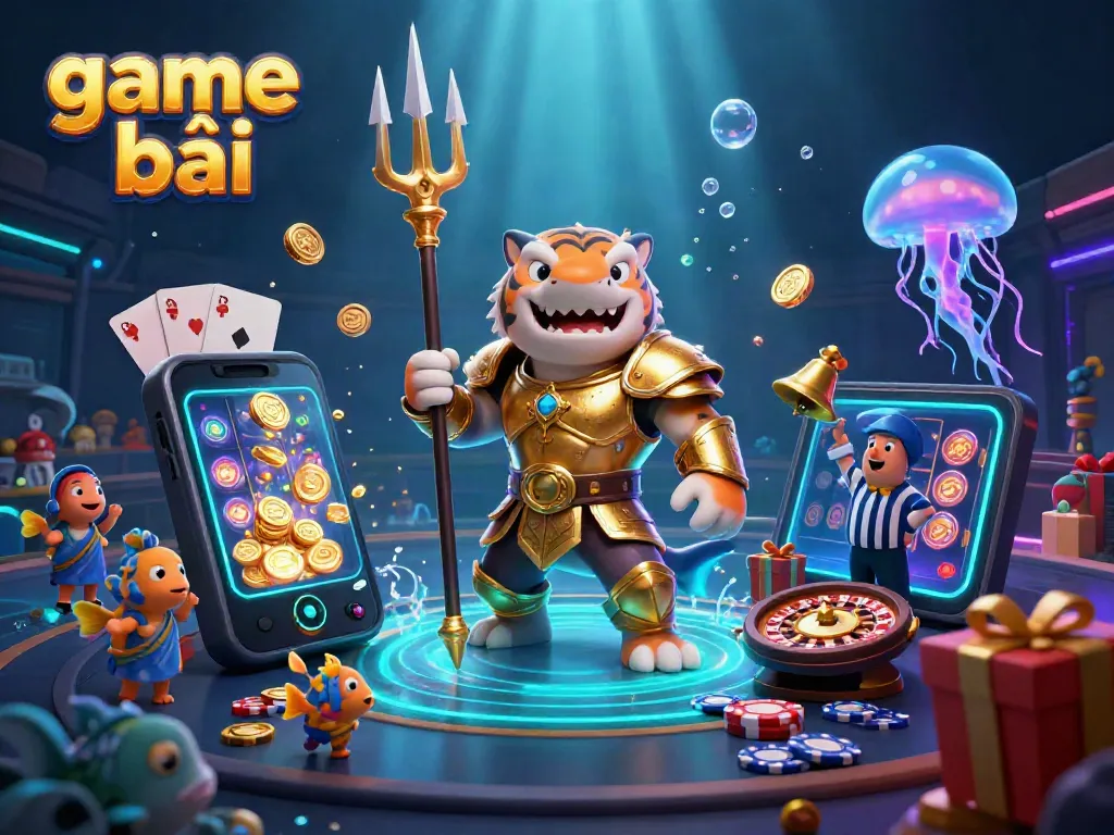 Experience the thrill of game bài with a 3D illustrated scene featuring a shark in golden armor and casino elements.