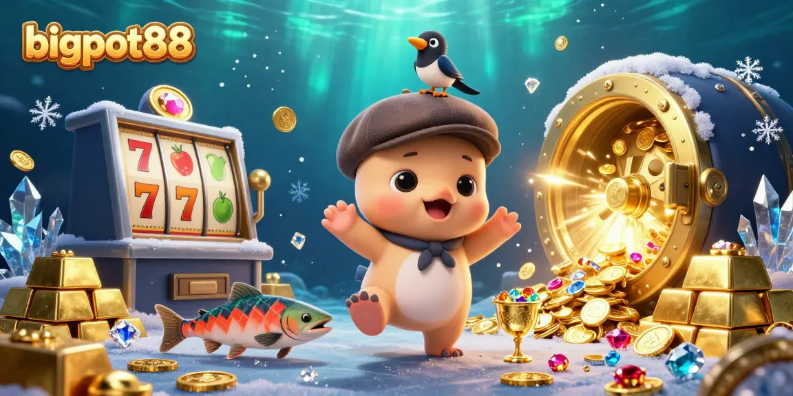Win at bigpot88 with playful Nessie amidst slot games and golden treasures in a vibrant casino scene.