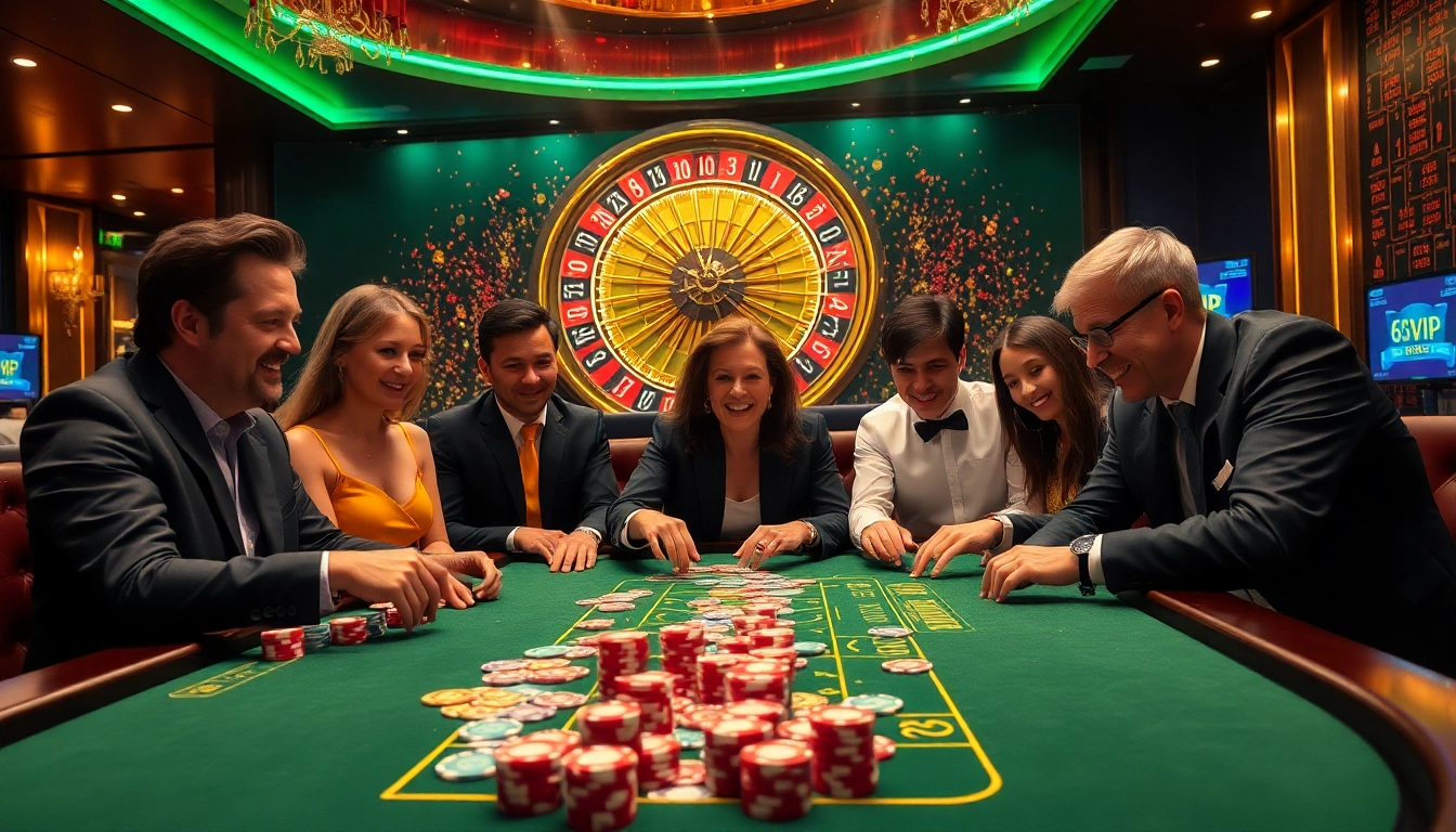 Players enjoying a thrilling game at the 68VIP casino table with vibrant chips and cards.
