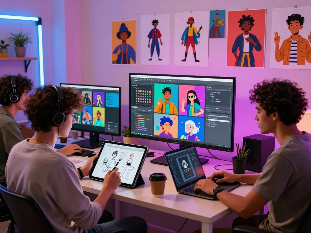 Creative team developing 18+ ai characters in a vibrant digital art studio, showcasing collaboration and innovation.